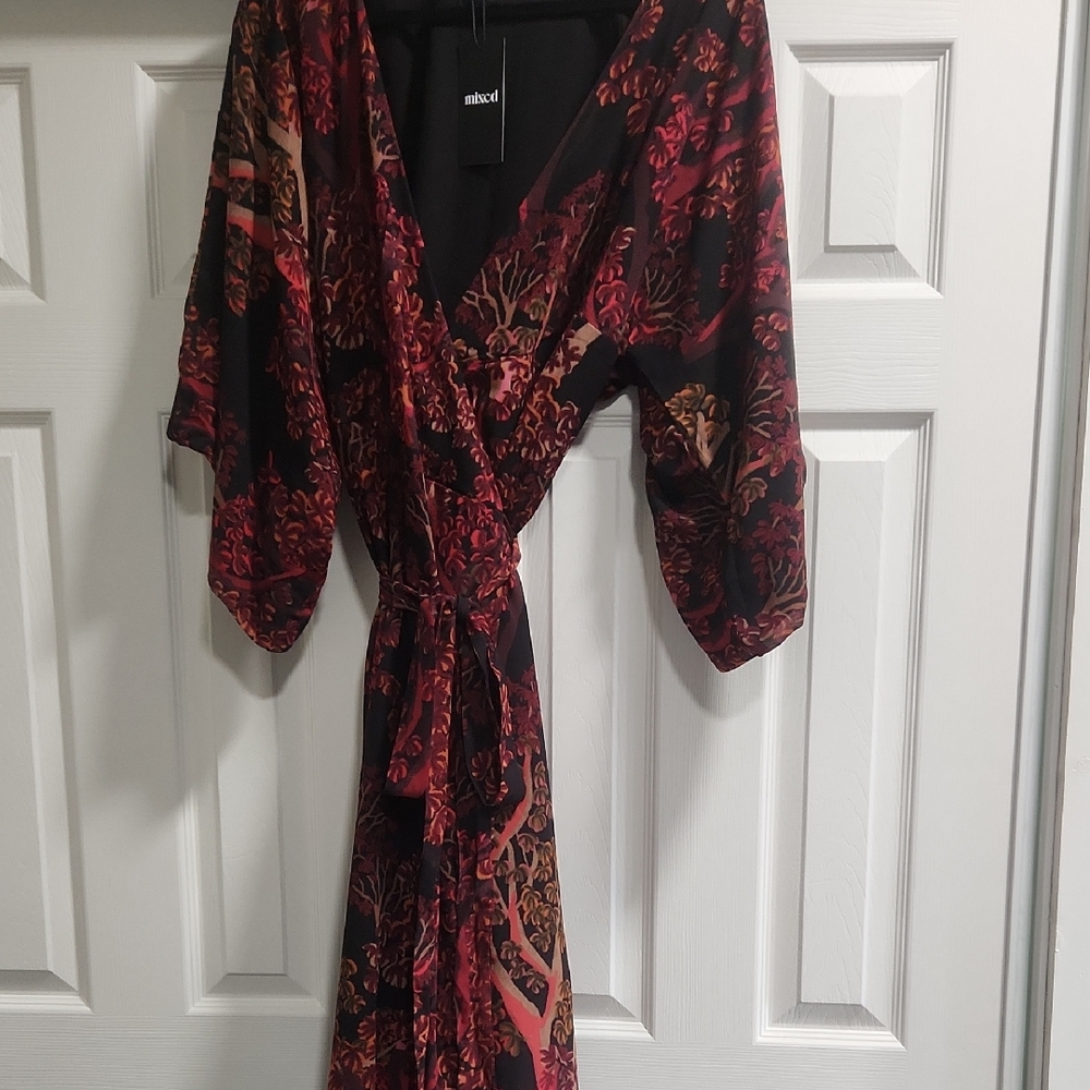 Mixed Women's Red and Black Wrap Maxi Dress, Forest Print, NWT, LIMITED Edition